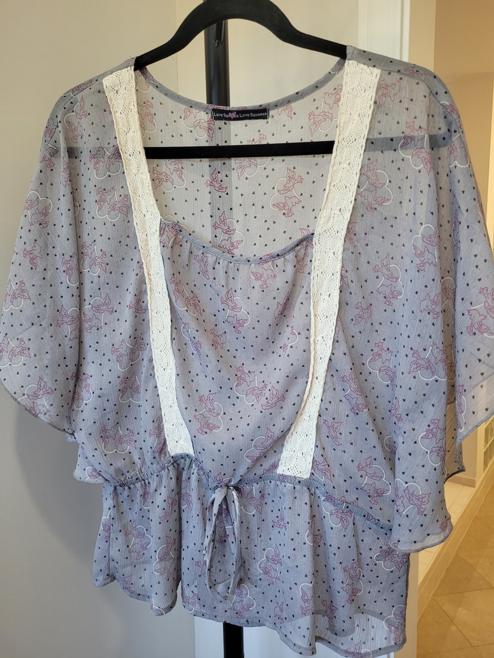 Love Squared Lavender Sheer Floral Blouse with Cream Lace Trim